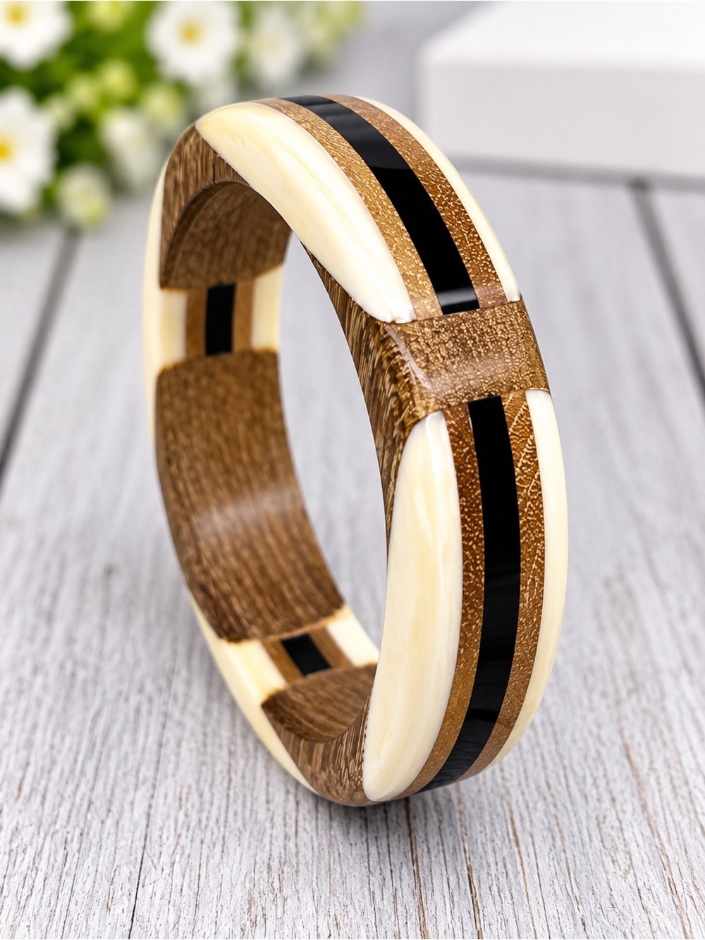 528. Vintage 70s Bone Inlay Wood Bangle Bracelet Geometric Mod Chunky